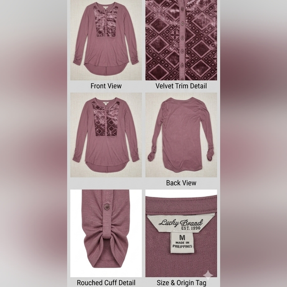 Lucky Brand Tops - Lucky Brand Long Sleeve Henley with Velvet Front Panel - Dusty Rose